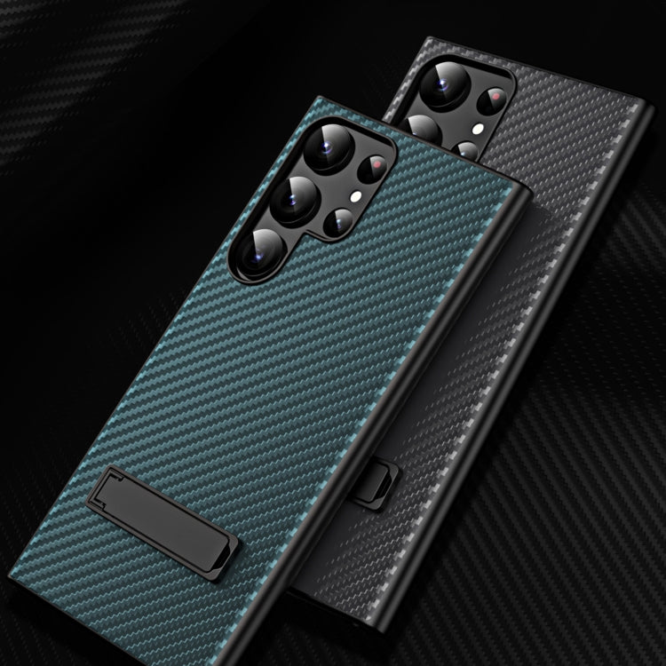 For Samsung Galaxy S23 Ultra Carbon Fiber Texture Glass Panel Protective Phone Case with Holder