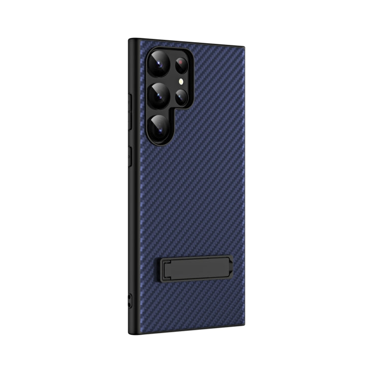For Samsung Galaxy S23 Ultra Carbon Fiber Texture Glass Panel Protective Phone Case with Holder