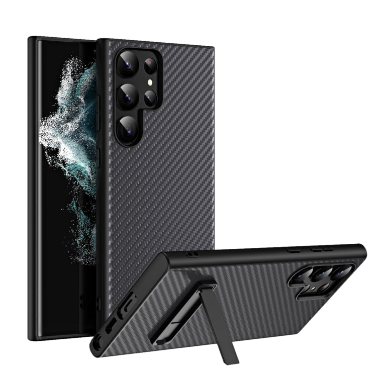 For Samsung Galaxy S23 Ultra Carbon Fiber Texture Glass Panel Protective Phone Case with Holder