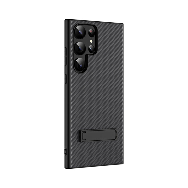 For Samsung Galaxy S23 Ultra Carbon Fiber Texture Glass Panel Protective Phone Case with Holder