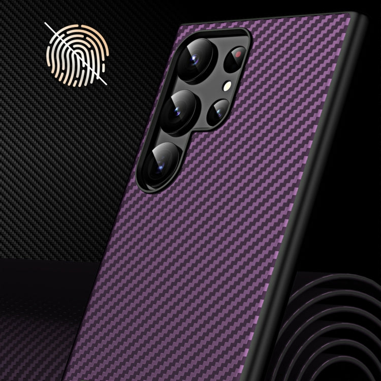 For Samsung Galaxy S23 Ultra Carbon Fiber Texture Glass Panel Protective Phone Case with Holder