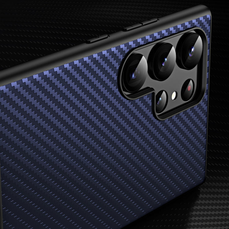 For Samsung Galaxy S23 Ultra Carbon Fiber Texture Glass Panel Protective Phone Case with Holder