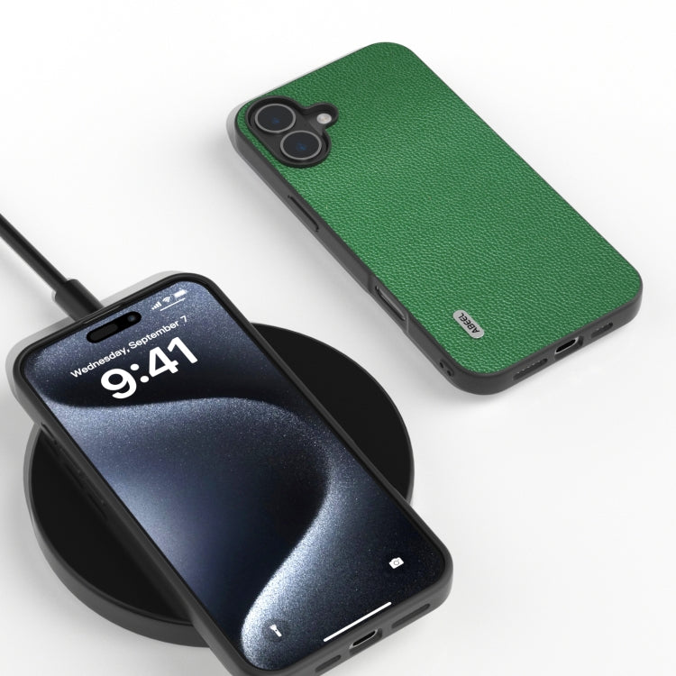 For iPhone 16 ABEEL Black Edge Genuine Leather Mino Phone Case