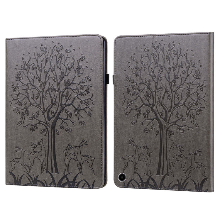 For Amazon Fire Max 11 Tree & Deer Embossed Leather Tablet Case