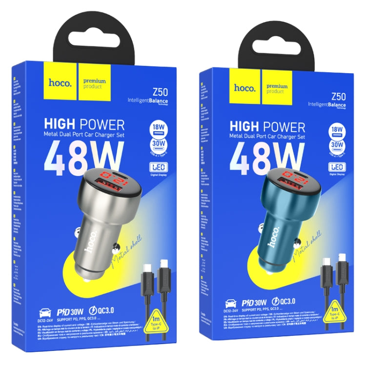 hoco Z50 Leader 48W Dual-port Digital Display Car Charger Set with Type-C to 8 Pin Cable