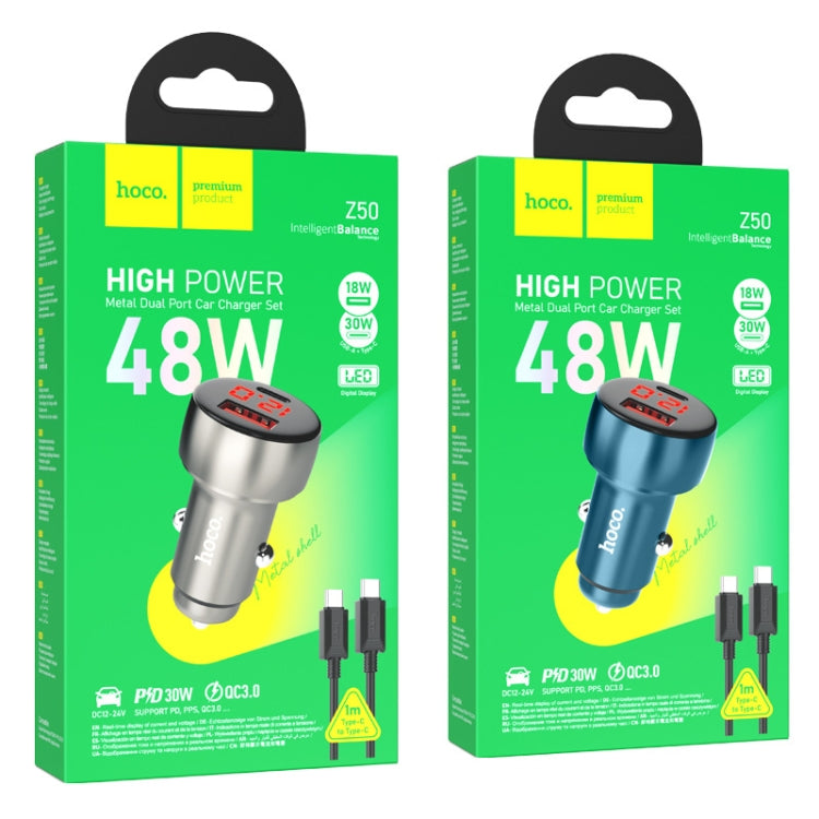 hoco Z50 Leader 48W Dual-port Digital Display Car Charger Set with Type-C to Type-C Cable