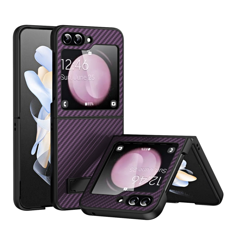 For Samsung Galaxy Z Flip5 Carbon Fiber Texture Glass Panel Phone Case with Holder