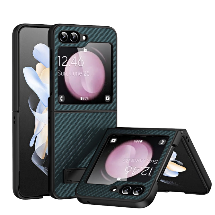 For Samsung Galaxy Z Flip5 Carbon Fiber Texture Glass Panel Phone Case with Holder