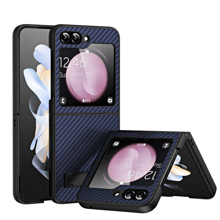 For Samsung Galaxy Z Flip5 Carbon Fiber Texture Glass Panel Phone Case with Holder