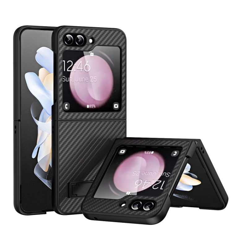 For Samsung Galaxy Z Flip5 Carbon Fiber Texture Glass Panel Phone Case with Holder