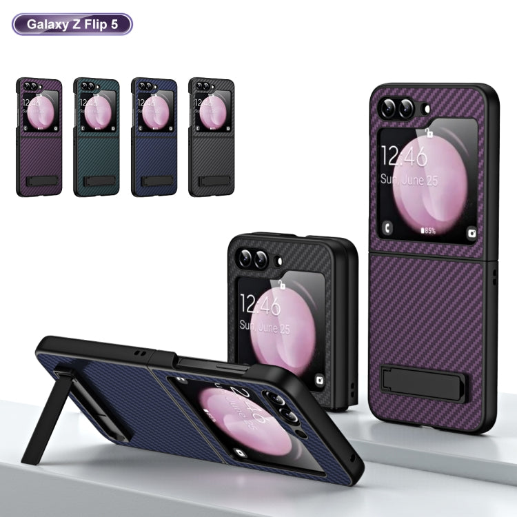 For Samsung Galaxy Z Flip5 Carbon Fiber Texture Glass Panel Phone Case with Holder