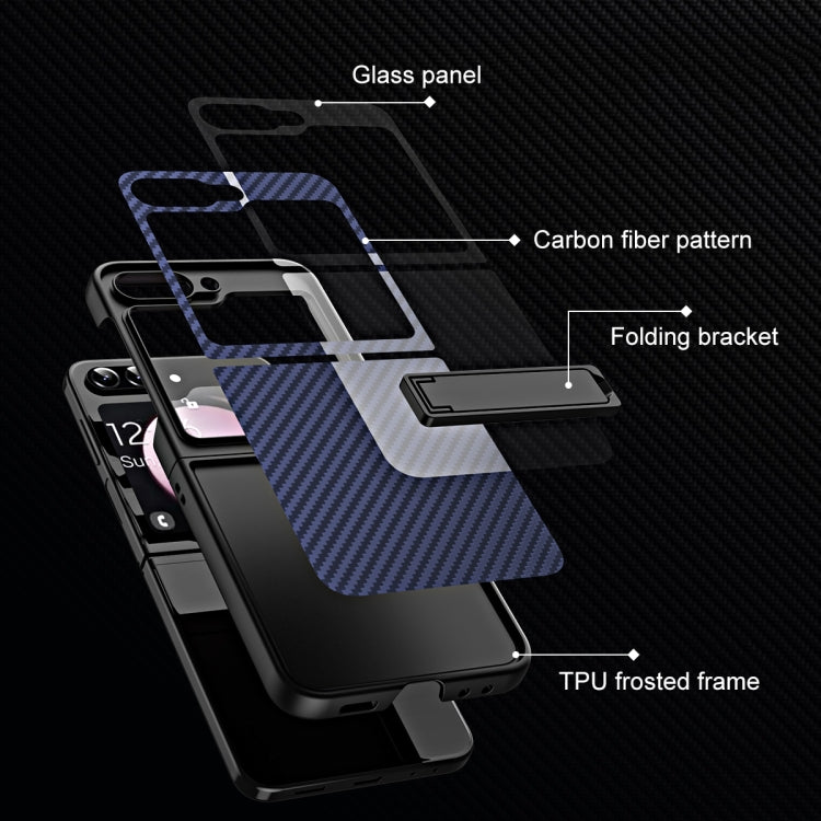 For Samsung Galaxy Z Flip5 Carbon Fiber Texture Glass Panel Phone Case with Holder