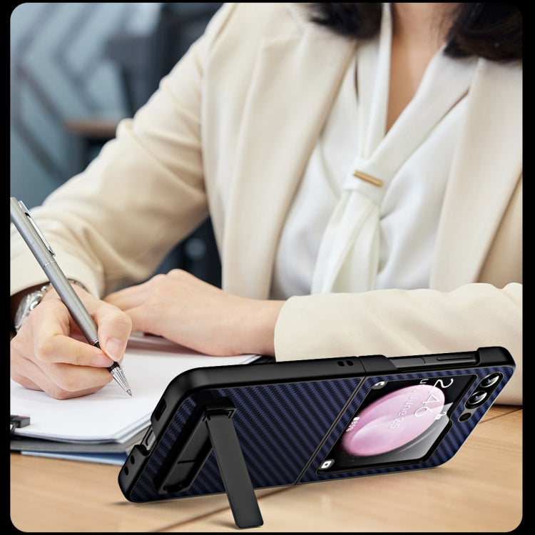 For Samsung Galaxy Z Flip5 Carbon Fiber Texture Glass Panel Phone Case with Holder
