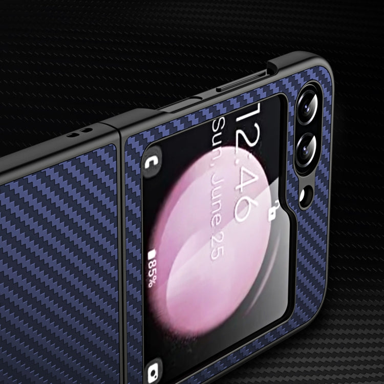 For Samsung Galaxy Z Flip5 Carbon Fiber Texture Glass Panel Phone Case with Holder
