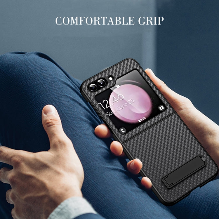 For Samsung Galaxy Z Flip5 Carbon Fiber Texture Glass Panel Phone Case with Holder