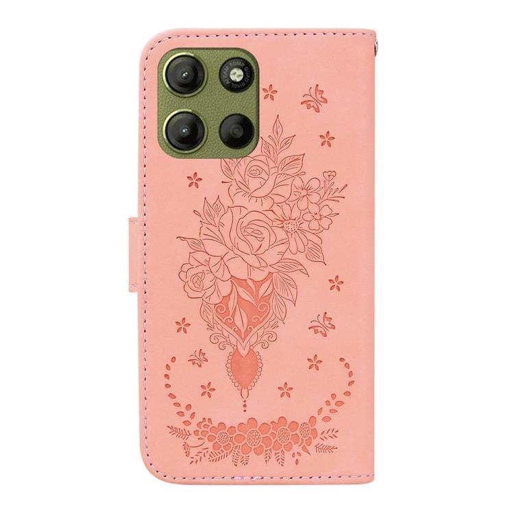 For Motorola Moto G15 Butterfly Rose Embossed Leather Phone Case