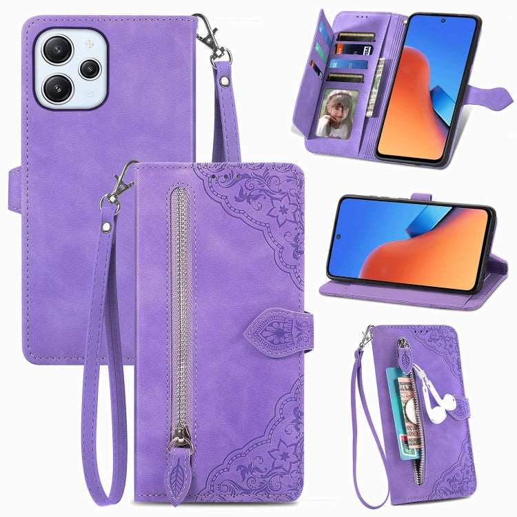 For Xiaomi Redmi 12 Embossed Flower Zipper Leather Phone Case