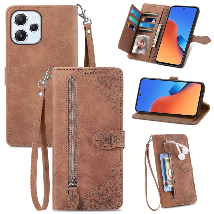 For Xiaomi Redmi 12 Embossed Flower Zipper Leather Phone Case