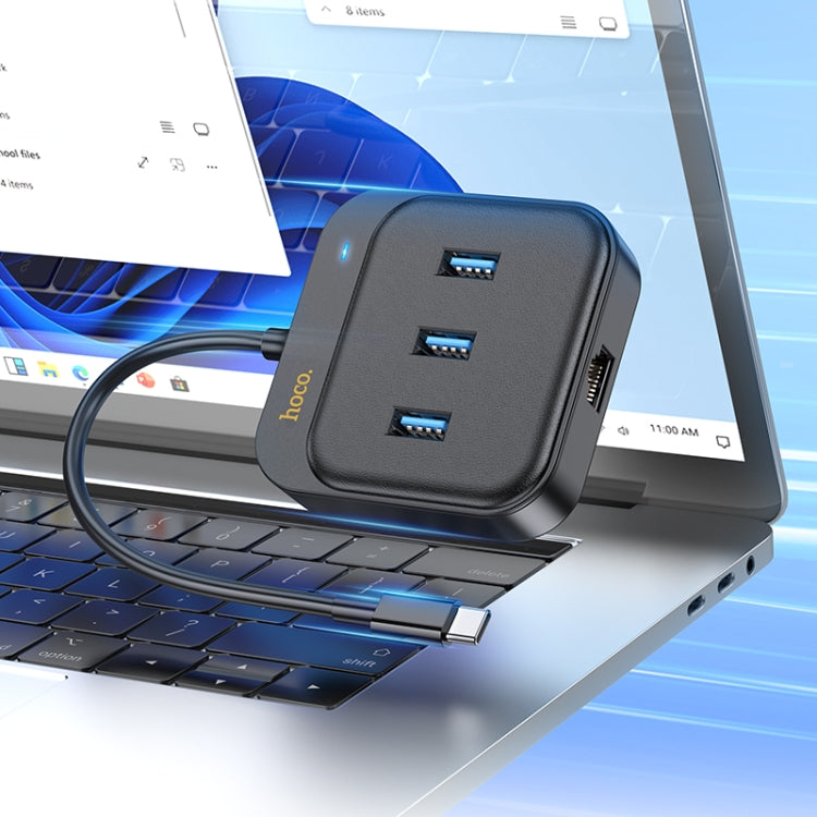 hoco HB35 4 in 1 USB-C / Type-C to USB3.0x3+RJ45 Gigabit Ethernet Adapter, Cable Length: 0.2m(Black)