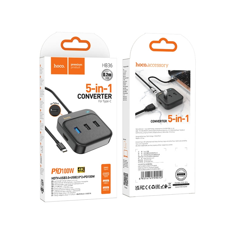 hoco HB36 5 in 1 HDTV+USB3.0+USB2.0x2+PD100W Converter, Cable Length: 0.2m(Black)