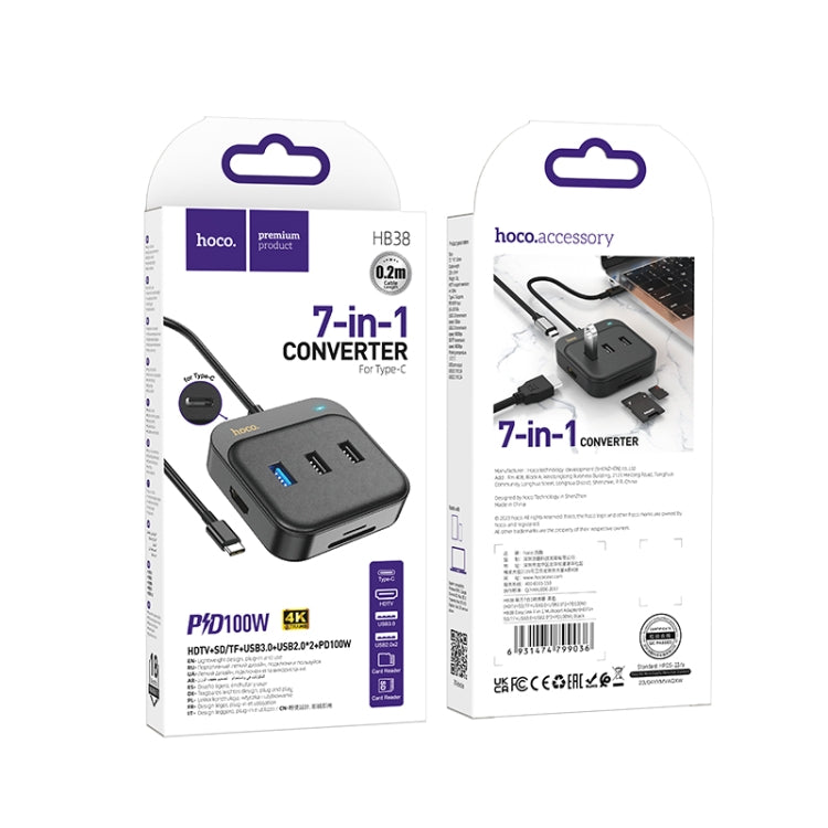 hoco HB38 7 in 1 HDTV+SD/TF+USB3.0+USB2.0x2+PD100W Converter, Cable Length: 0.2m(Black)