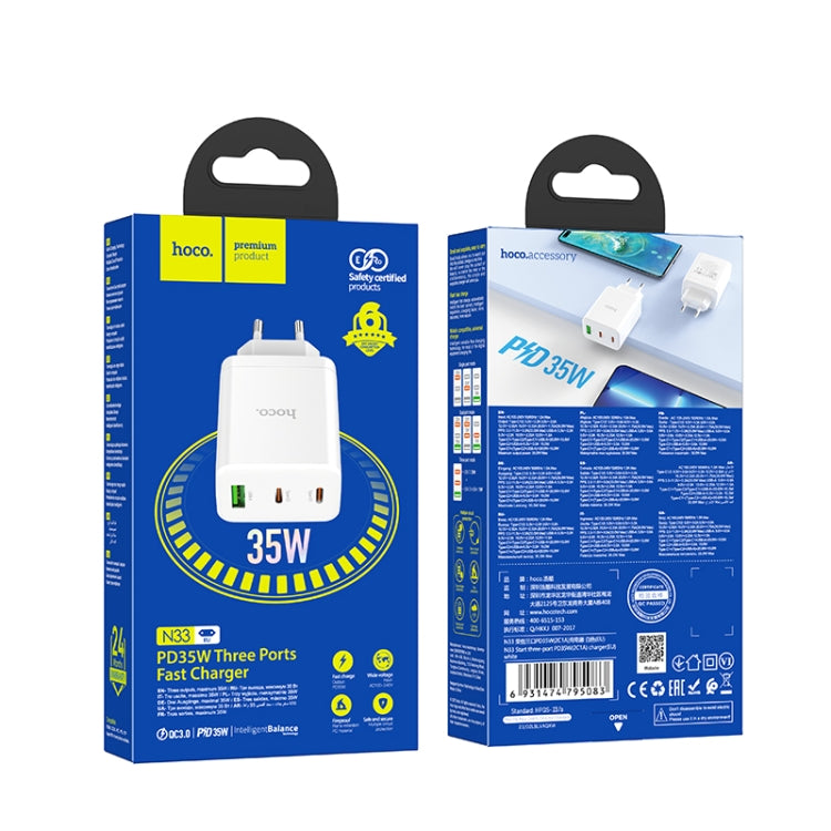 hoco N33 Start PD35W Dual Type-C + USB 3-port Charger, EU Plug(White)
