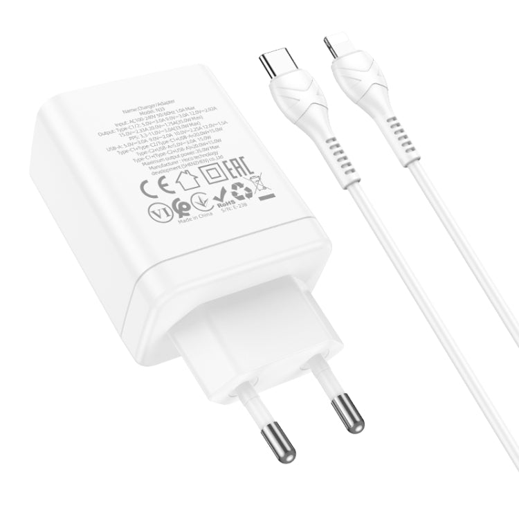 hoco N33 Start PD35W Dual Type-C + USB Charger with Type-C to 8 Pin Cable, EU Plug(White)