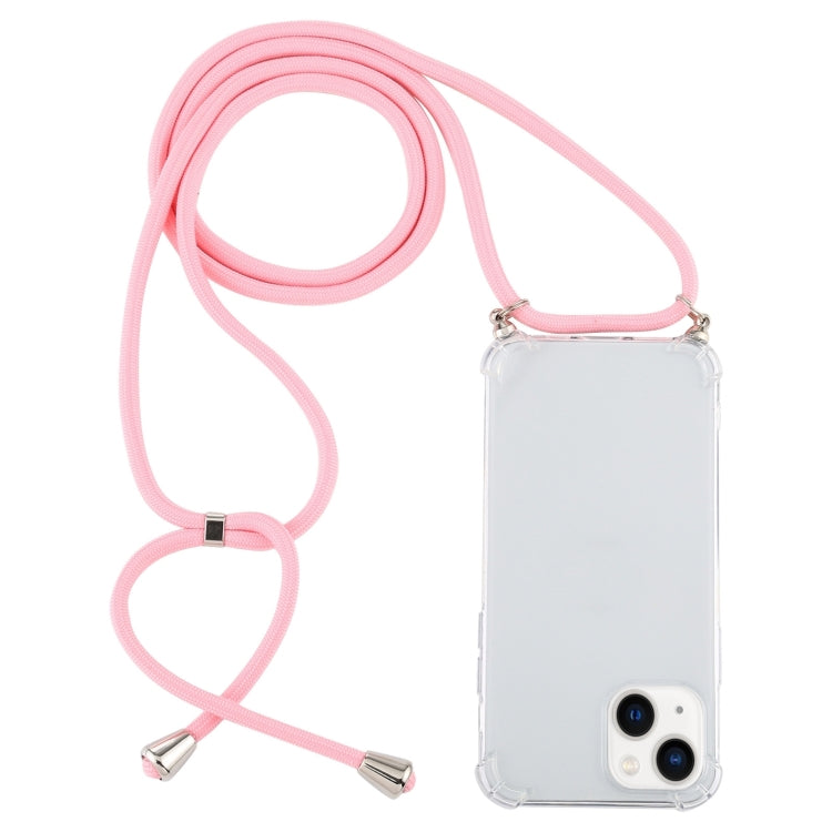 For iPhone 15 Four-Corner Shockproof Transparent TPU Case with Lanyard
