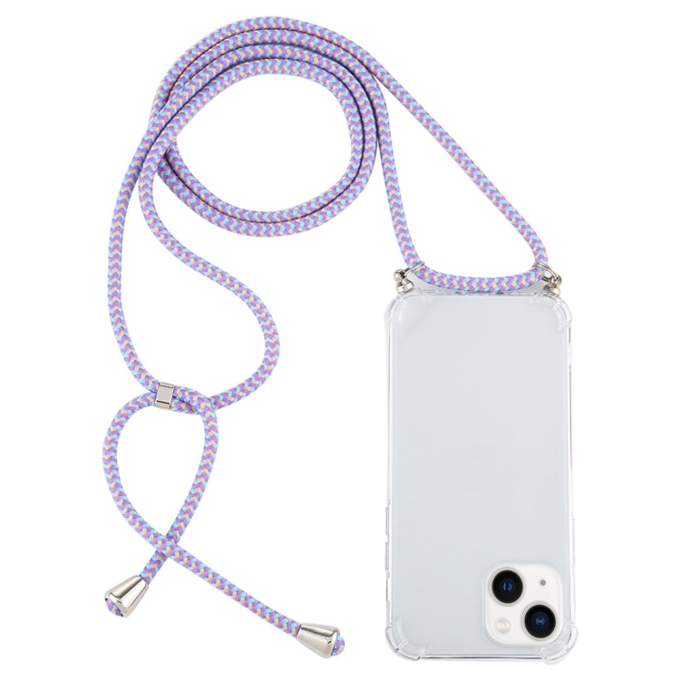 For iPhone 15 Plus Four-Corner Shockproof Transparent TPU Case with Lanyard