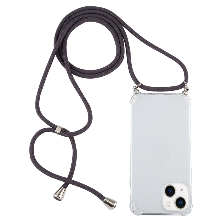 For iPhone 15 Plus Four-Corner Shockproof Transparent TPU Case with Lanyard
