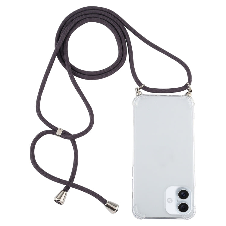 For iPhone 16 Plus Four-Corner Shockproof Transparent TPU Case with Lanyard