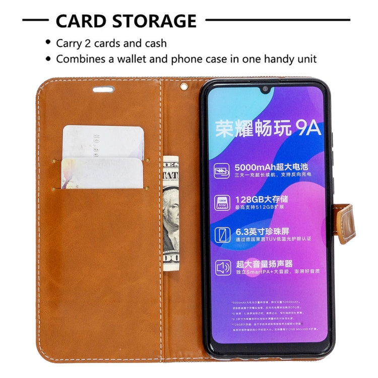For Huawei Honor 9A Color Matching Denim Texture Horizontal Flip Leather Case with Holder & Card Slots & Wallet & Lanyard