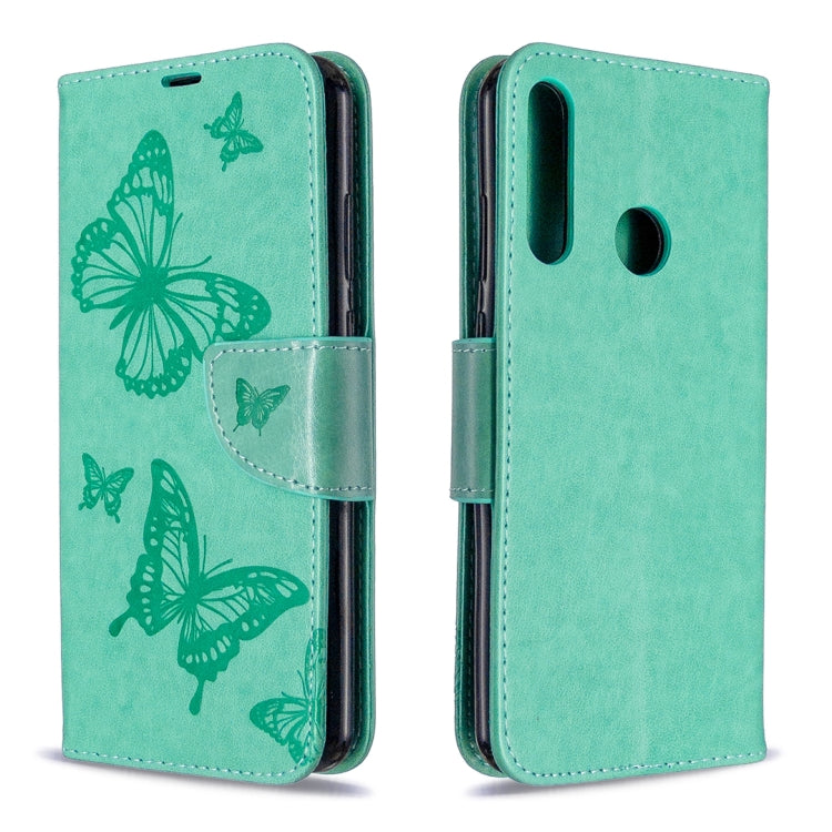 For Huawei Y6P Two Butterflies Embossing Pattern Horizontal Flip Leather Case with Holder & Card Slot & Wallet & Lanyard