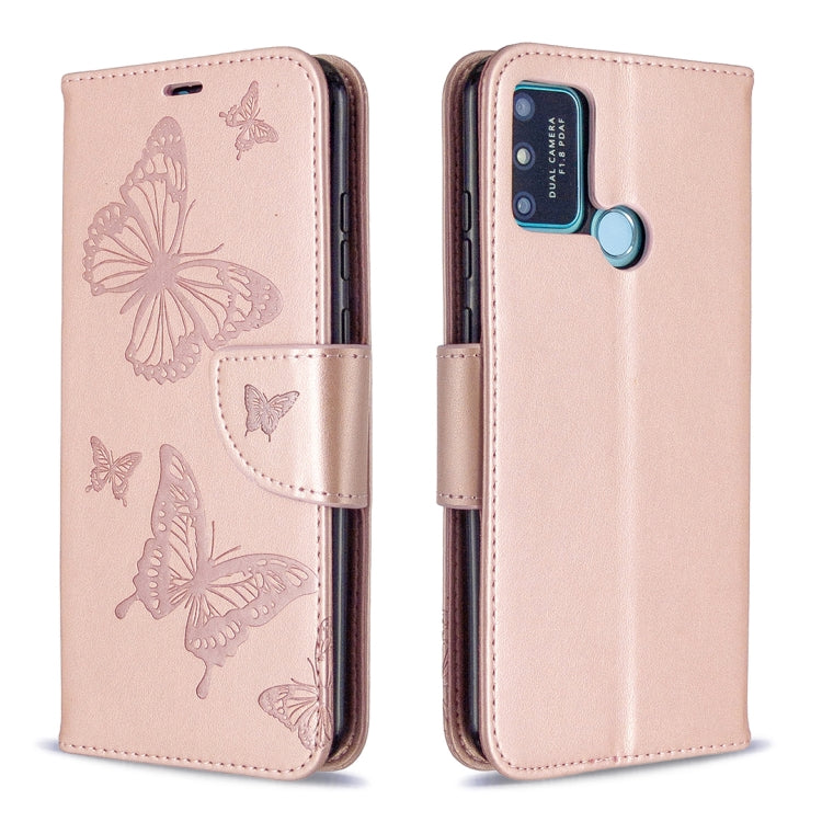 For Huawei Honor 9A Two Butterflies Embossing Pattern Horizontal Flip Leather Case with Holder & Card Slot & Wallet & Lanyard