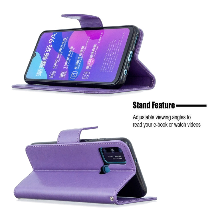 For Huawei Honor 9A Two Butterflies Embossing Pattern Horizontal Flip Leather Case with Holder & Card Slot & Wallet & Lanyard