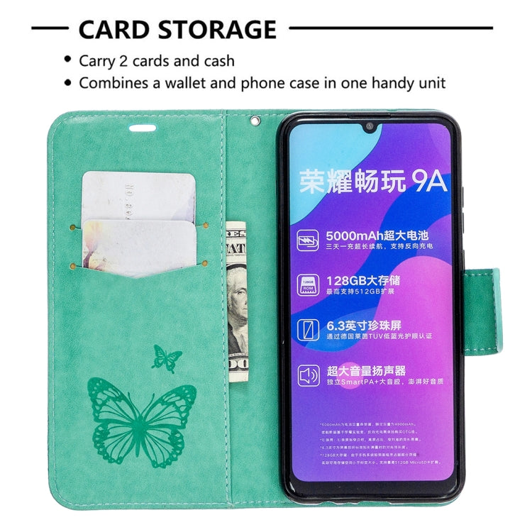 For Huawei Honor 9A Two Butterflies Embossing Pattern Horizontal Flip Leather Case with Holder & Card Slot & Wallet & Lanyard