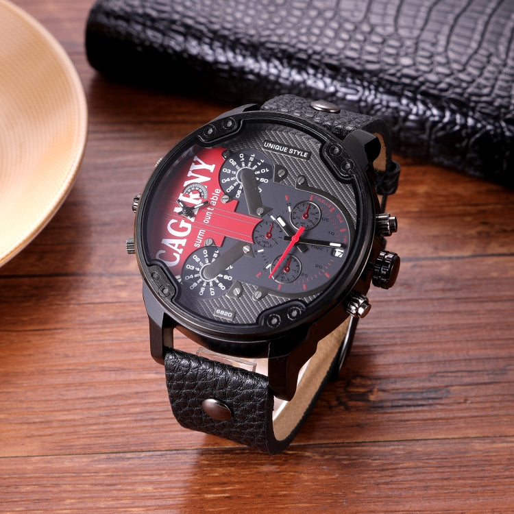 CAGARNY 6820 Men Dual Movement Red Face Leather Strap Quartz Watch