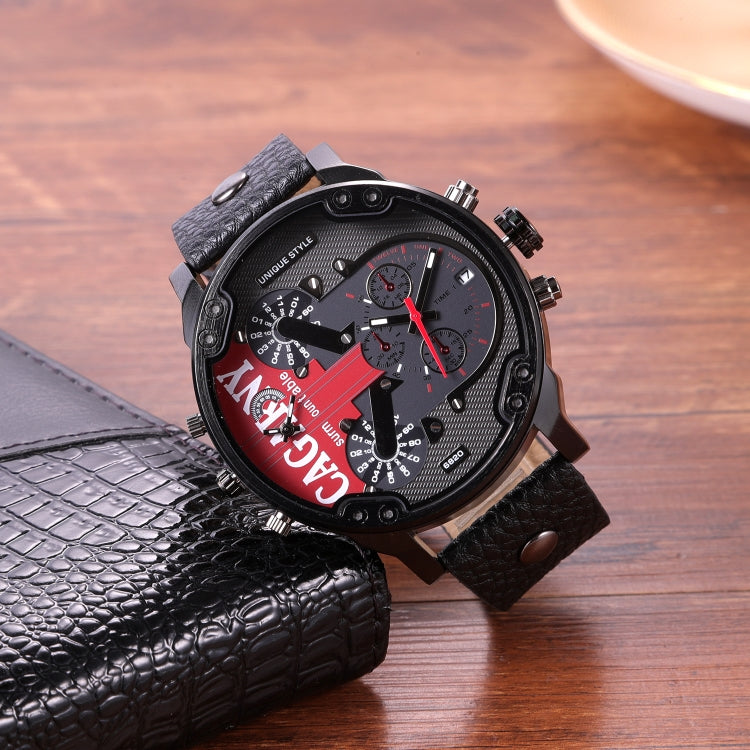 CAGARNY 6820 Men Dual Movement Red Face Leather Strap Quartz Watch