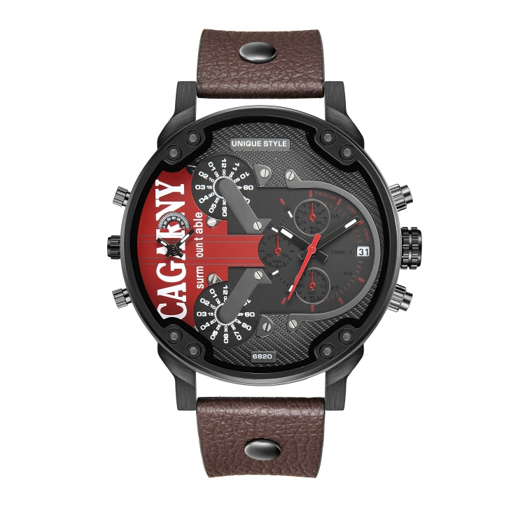 CAGARNY 6820 Men Dual Movement Red Face Leather Strap Quartz Watch