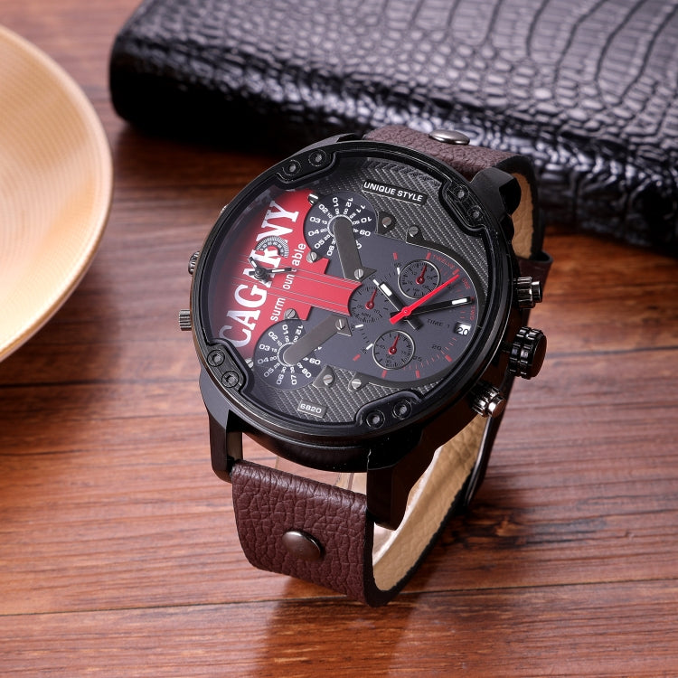 CAGARNY 6820 Men Dual Movement Red Face Leather Strap Quartz Watch