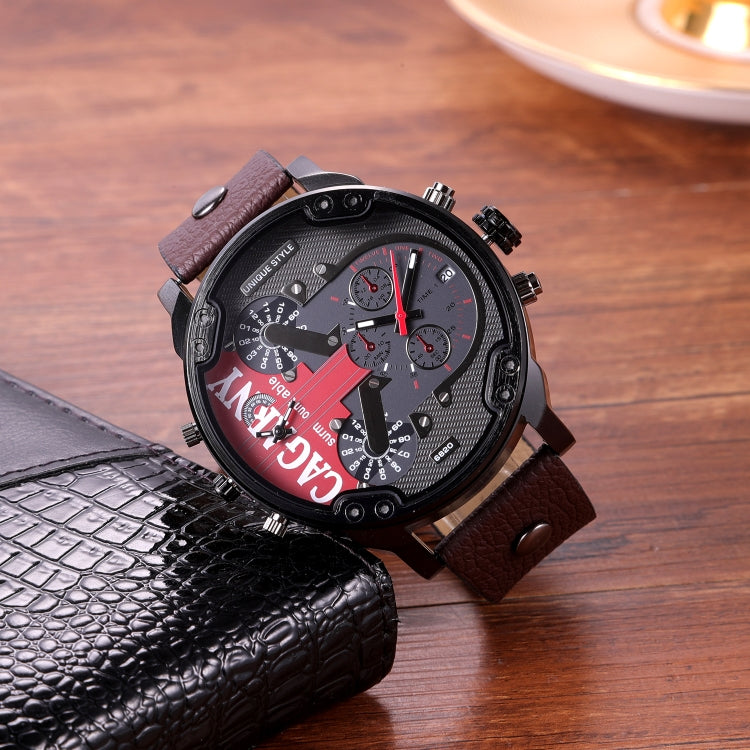 CAGARNY 6820 Men Dual Movement Red Face Leather Strap Quartz Watch