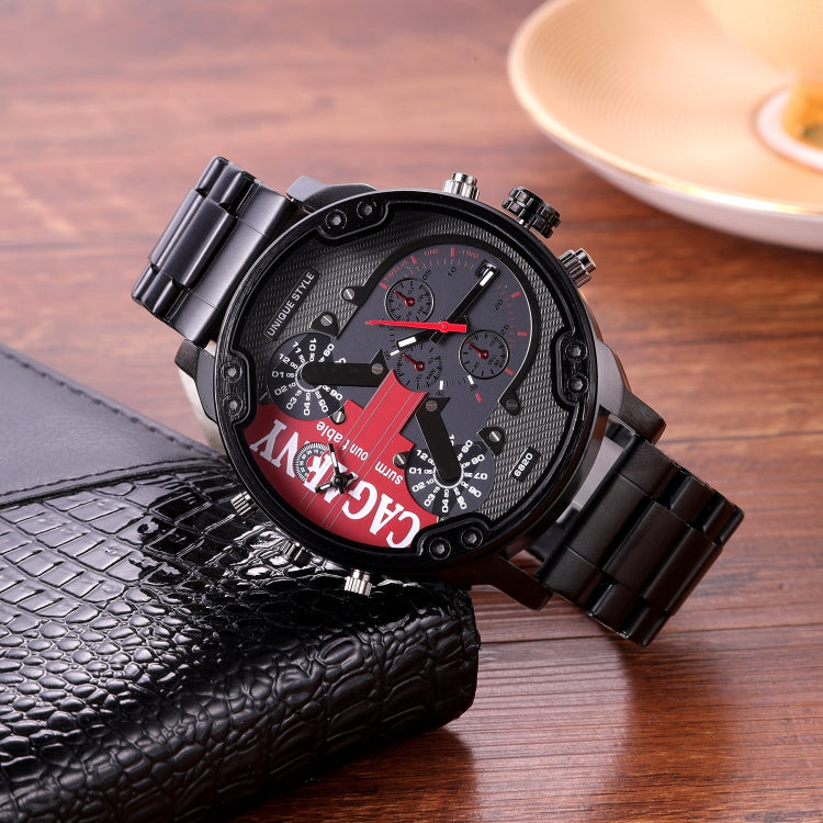 CAGARNY 6820 Men Dual Movement Red Face Steel Strap Quartz Watch(Black)