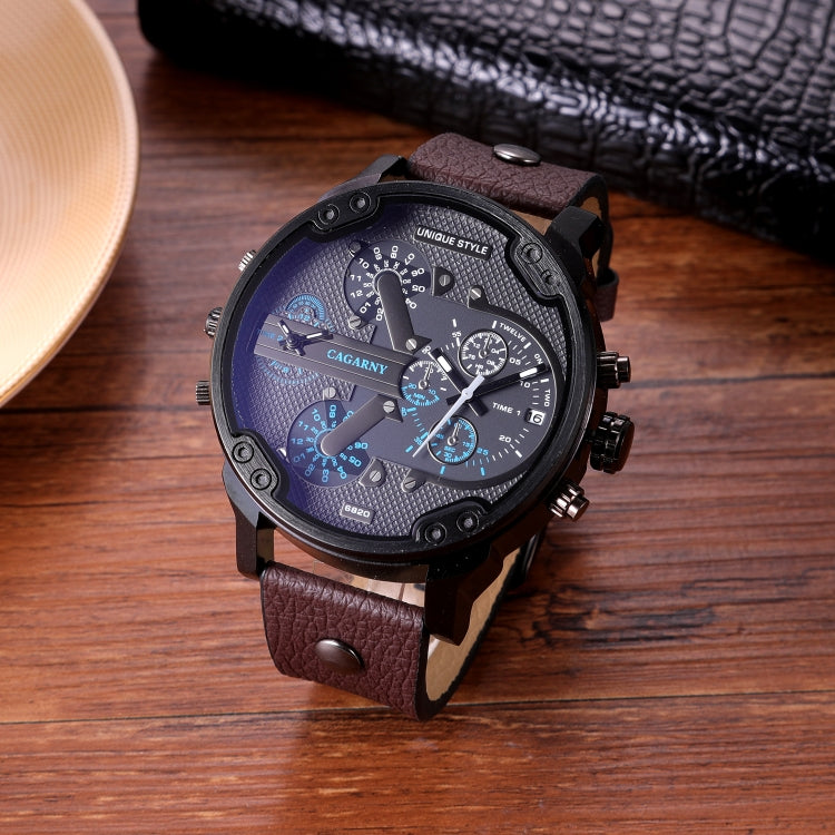 CAGARNY 6820 Men Dual Movement Blue Face Leather Strap Quartz Watch