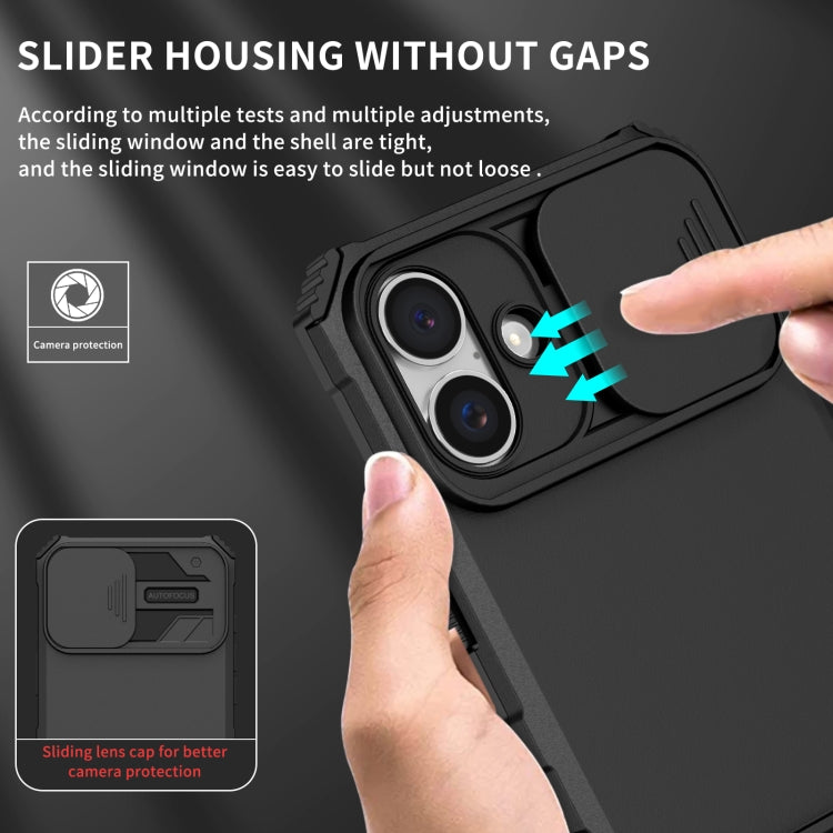 For iPhone 16 Stereoscopic Holder Sliding Camshield Phone Case