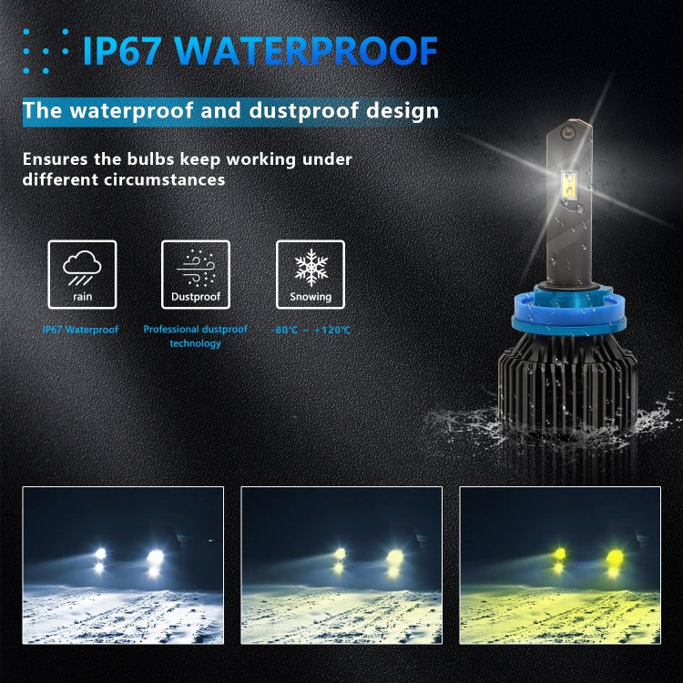 P14 1 Pair H8 / H9 / H11 DC10-32V / 20W / 6000K / 2000LM IP68 Waterproof Car LED Tri-color Headlight