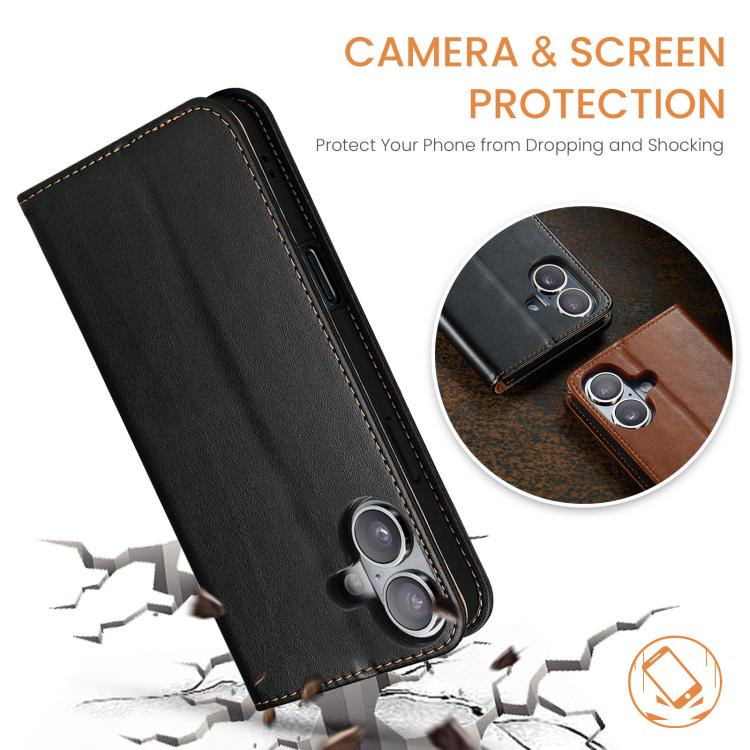 For iPhone 17 Fierre Shann PU Genuine Leather Texture Phone Case