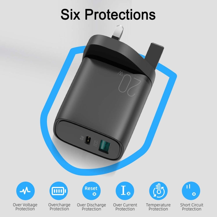 JOYROOM L-QP2011 20W USB+USB-C/Type-C Fast Charger with Cable Set, UK Plug(Black)