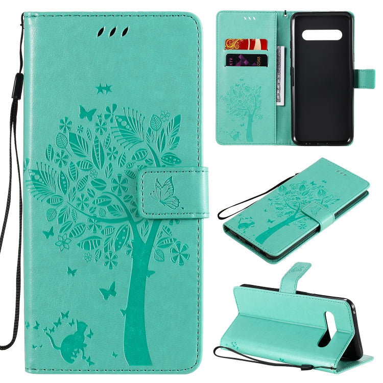For LG V60 ThinQ 5G Tree & Cat Embossed Pattern Horizontal Flip Leather Case with Holder & Card Slots & Wallet & Lanyard