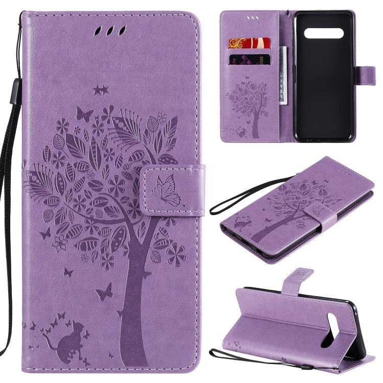 For LG V60 ThinQ 5G Tree & Cat Embossed Pattern Horizontal Flip Leather Case with Holder & Card Slots & Wallet & Lanyard
