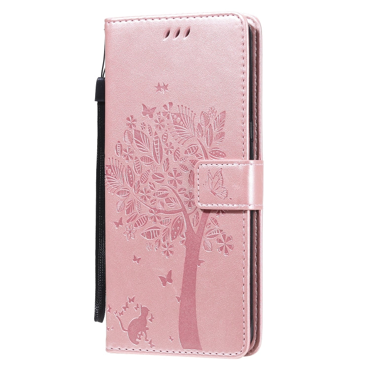 For LG V60 ThinQ 5G Tree & Cat Embossed Pattern Horizontal Flip Leather Case with Holder & Card Slots & Wallet & Lanyard
